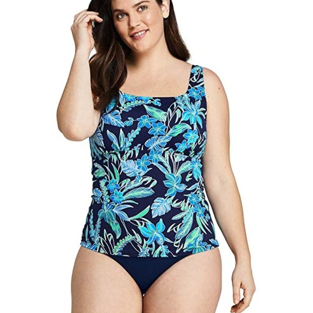 Lands' End Womens Square Neck Underwire Tankini Sealily Floral 14 Tall $60 6D273